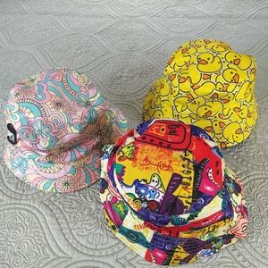 2/$30 Three Bucket‎ Hats Unisex Rubber Ducks Pastel Floral Abstract Art